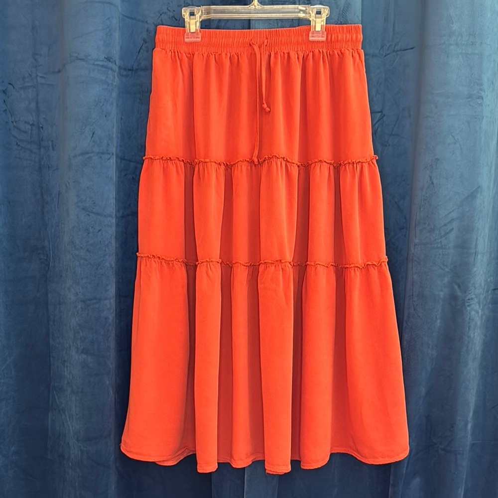 VTSGN Vibrant Orange Tiered Maxi Skirt Pockets Elastic Waistband w/ Drawstring